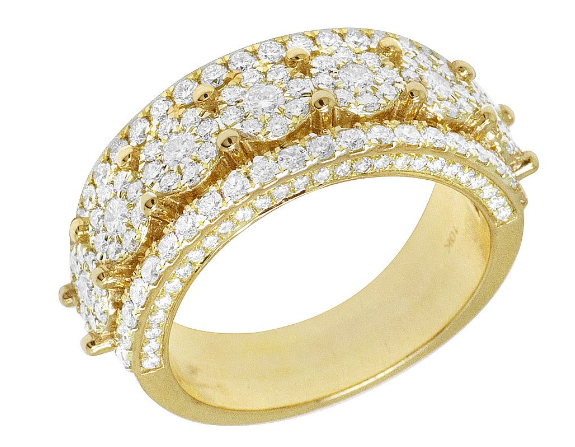 10K Men's Yellow Gold Flower Cluster Diamond Ring Band 10MM 2.9CT