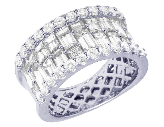 14K White Gold Real Diamond 3 Row Baguette Wedding Band Ring 4CT 11MM