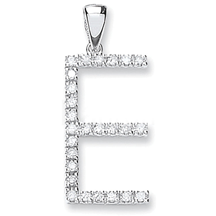 9ct White Gold 0.21ct Diamond E Letter Pendant
