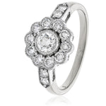 Fifteen Stone Round Diamond Plain Shoulders Deco Cluster Ring 1.25ct