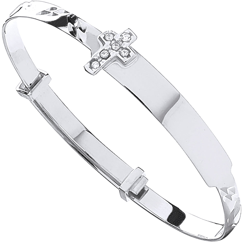 9ct White Gold D/C Expandable Baby Bangle Cubic Zirconia Cross