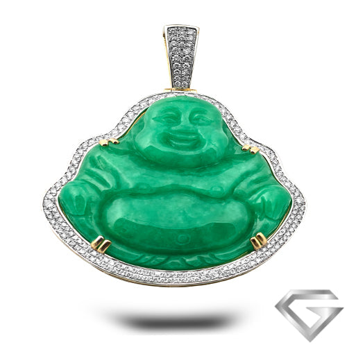 14K Yellow Gold 1.75ctw Diamond Pendant With 124.25ct Jade Buddha