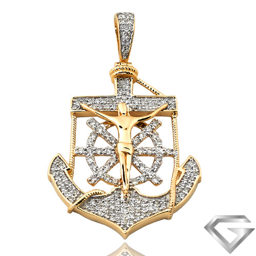 14K Yellow Gold 0.75ctw Diamond Anchor Jesus Pendant