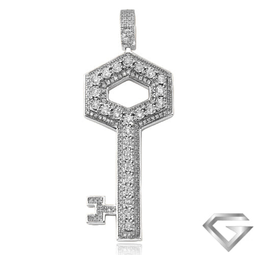 10K White Gold 0.65ctw Illusion Set Diamond 3-D Key Pendant