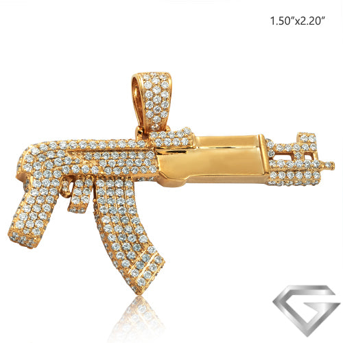 14K Yellow Gold 3.20ctw Diamond Ak-47 Gun Pendant
