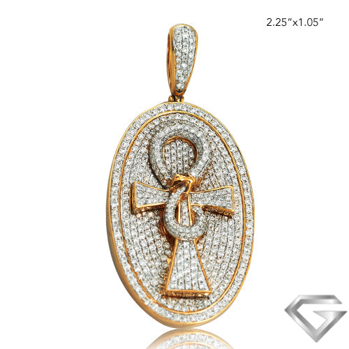 10K Yellow Gold 3.75ctw Diamond Oval Dogtag Pendant With Ankh - Serpent Design