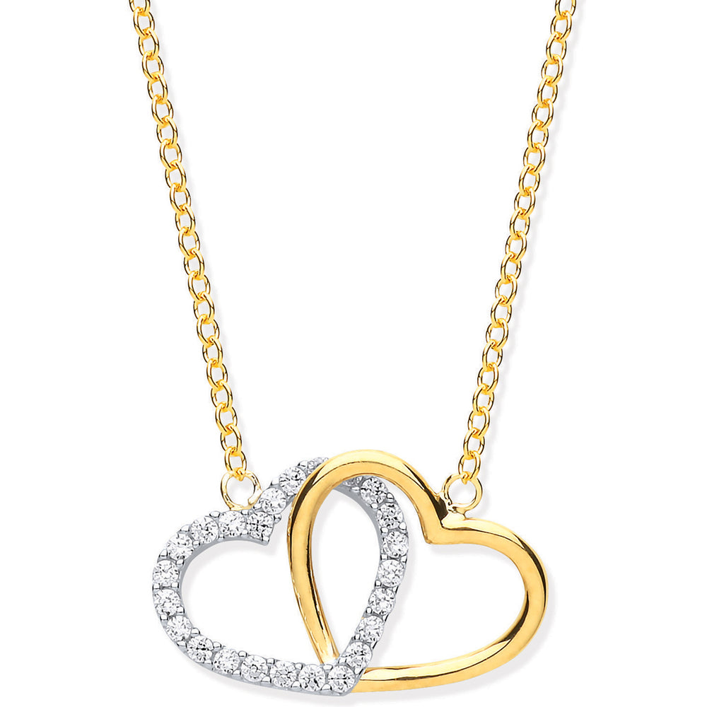 Y & W/G Plain and CZ Joined Hearts Pendant on 18" Chain