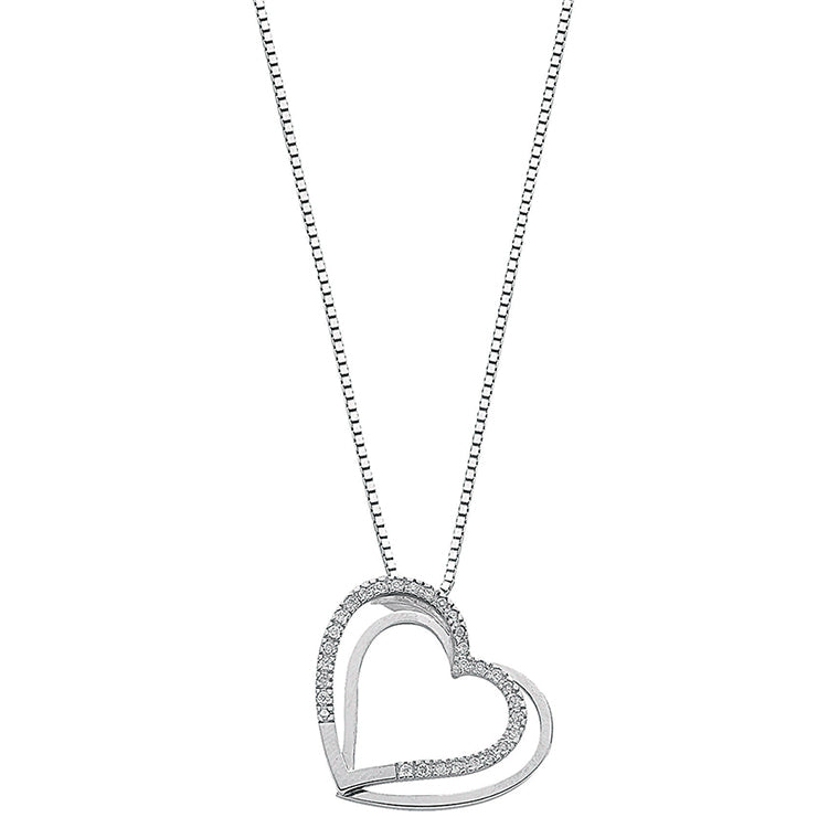 Womens 9ct White Gold 0.15ct Diamond Double Heart Necklace Pendant with 18in/45cm Chain