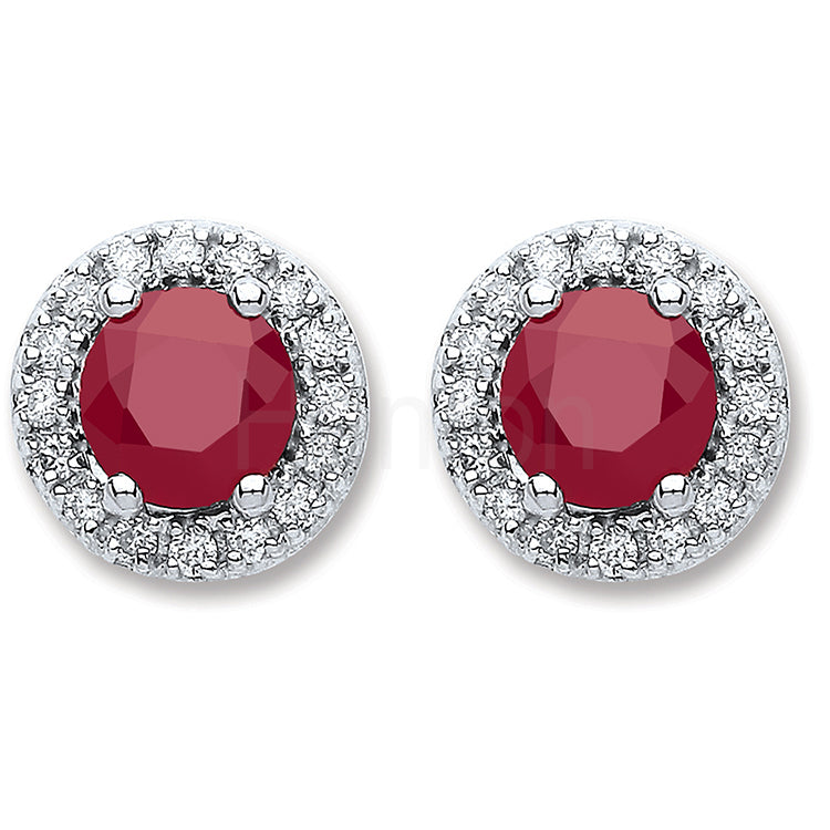 9ct White Gold 0.15ct Diamond, 0.9ct 5mm Round Ruby Stud Earrings