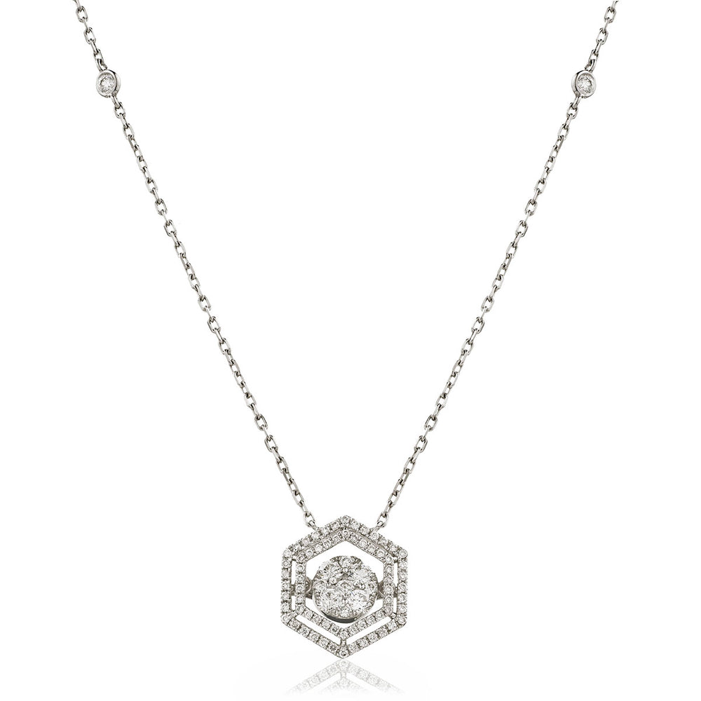 Hexagon Shape Double Halo Cluster Pendant and Chain 0.80ct