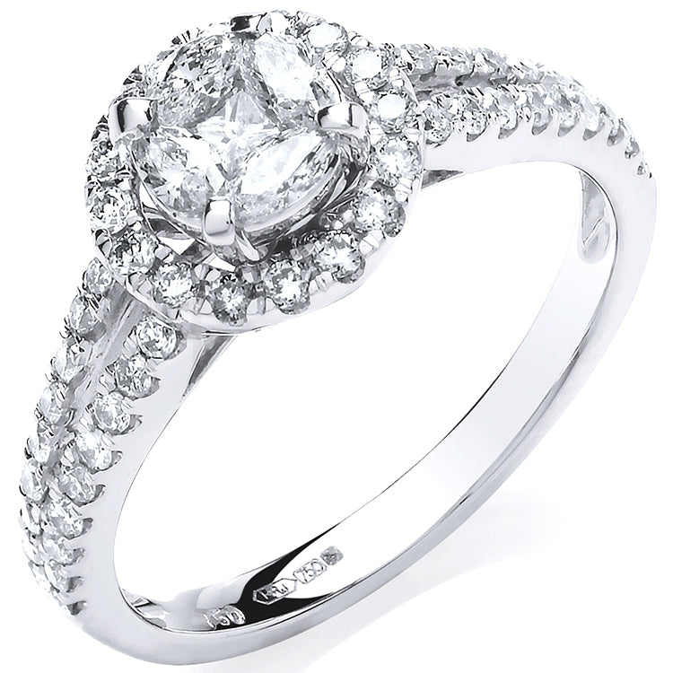 18ct White Gold 0.66ct Halo Style Split Shank Diamond Ring