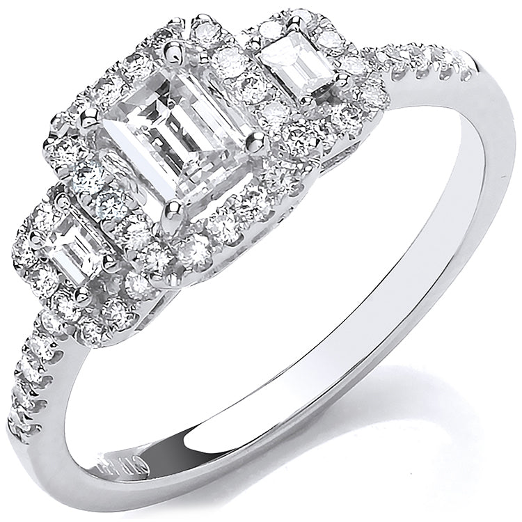 18ct White Gold Emerald Cut 0.75ct Halo style Trilogy Ring