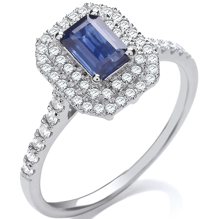 18ct White Gold 0.30ctw Double Diamond 0.60ct Sapphire Halo Ring with Emerald Cut Sapphire & Diamond Set Shoulders