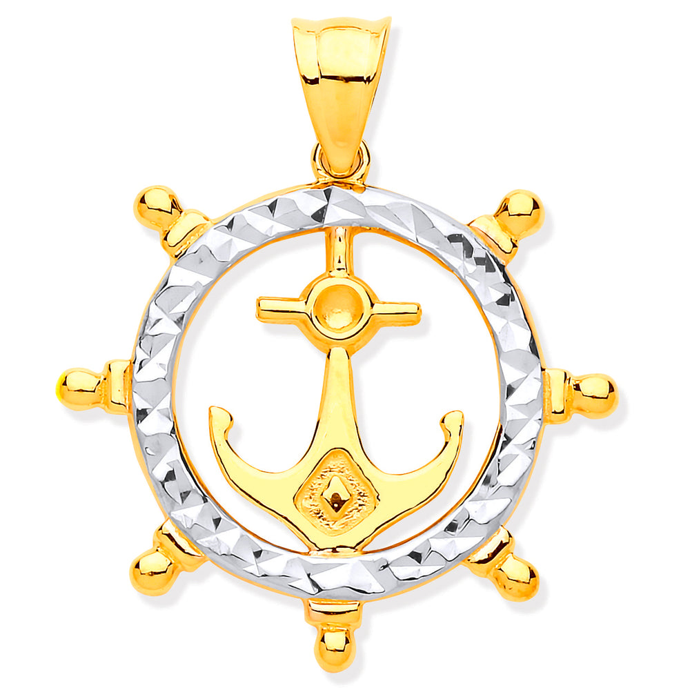 Y & W/G Anchor In Ship Wheel Pendant
