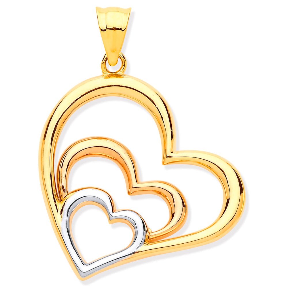 9ct Yellow, White & Rose Gold Cubic Zirconia Hearts Pendant