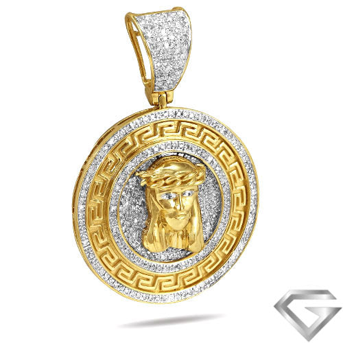 10K Yellow Gold 0.75ctw Diamond Greek Key Jesus Head Medallion