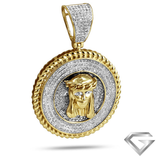 10K Yellow Gold 1.00ctw Diamond Jesus Medallion With Rope Border