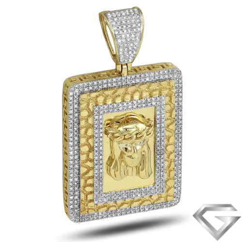 10K Yellow Gold 1.25ctw Diamond Jesus Dogtag With Nugget Boarder