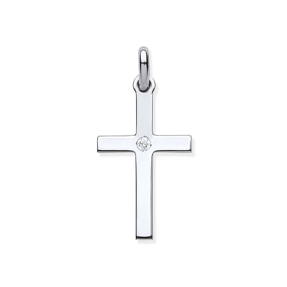 Silver Plain Solid Cross with Cubic Zirconia