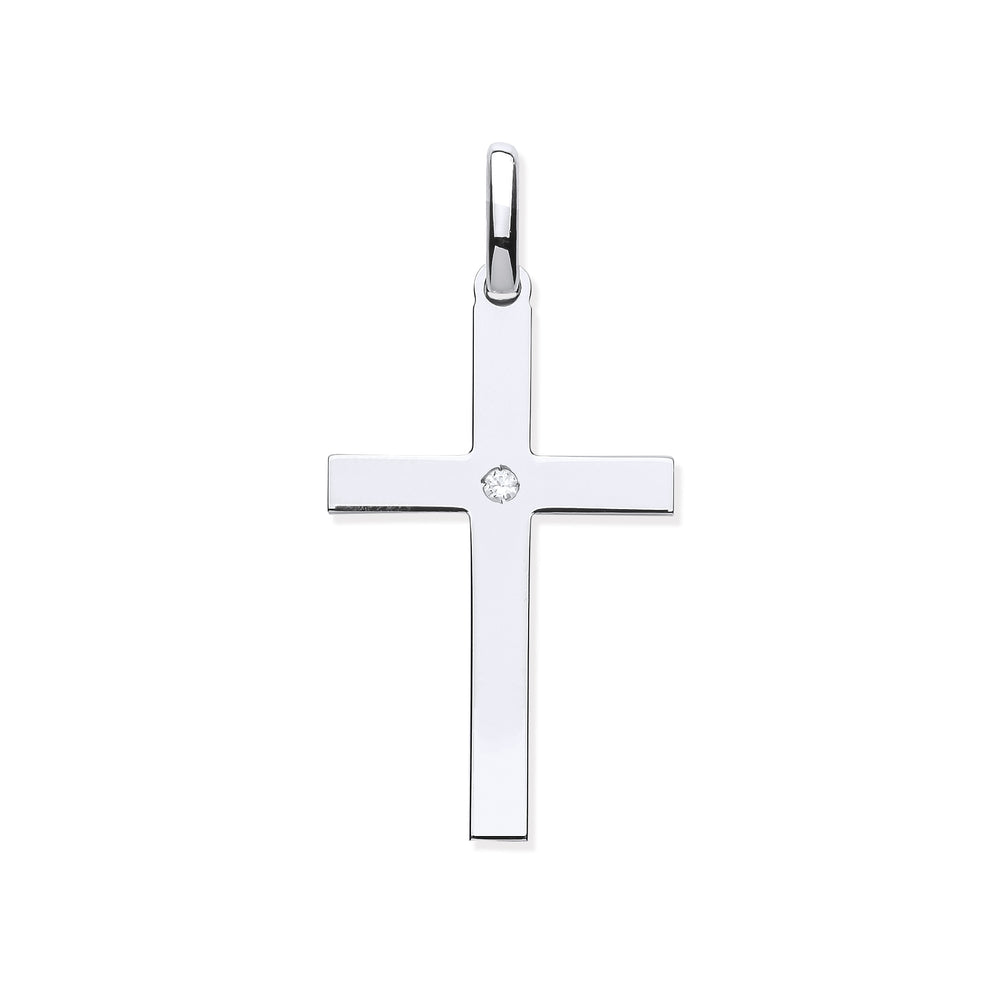 Silver Plain Solid Large Cross with Cubic Zirconia
