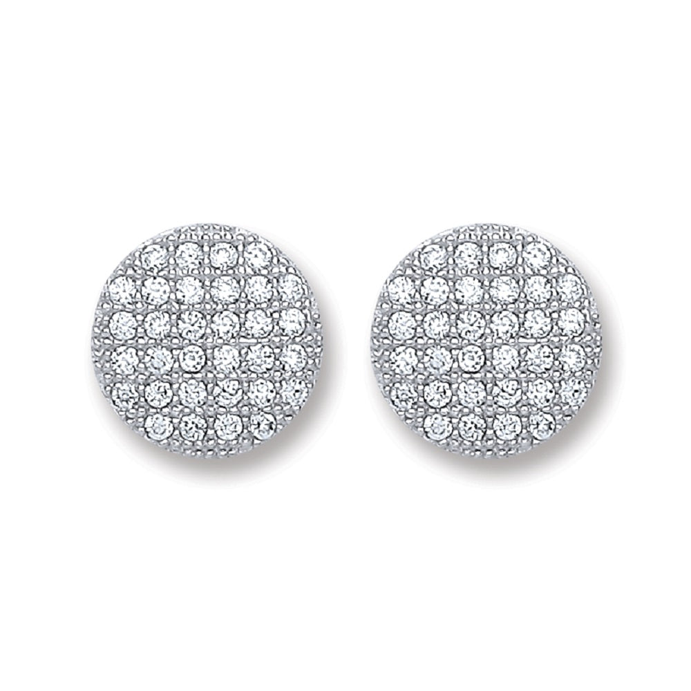Silver Button Cubic Zirconia Stud Earrings
