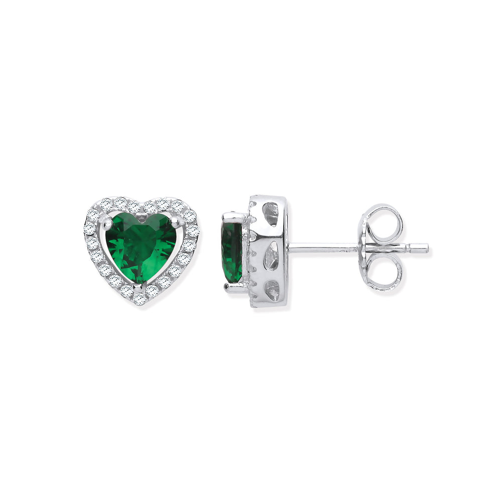 Silver Green Cubic Zirconia Halo Heart Stud Earrings