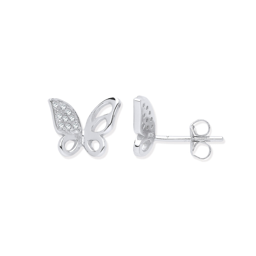 Silver Cubic Zirconia Open Butterfly Stud Earrings