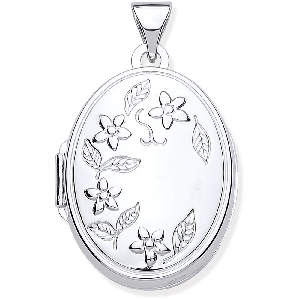 Silver Engraved Flower Oval Locket