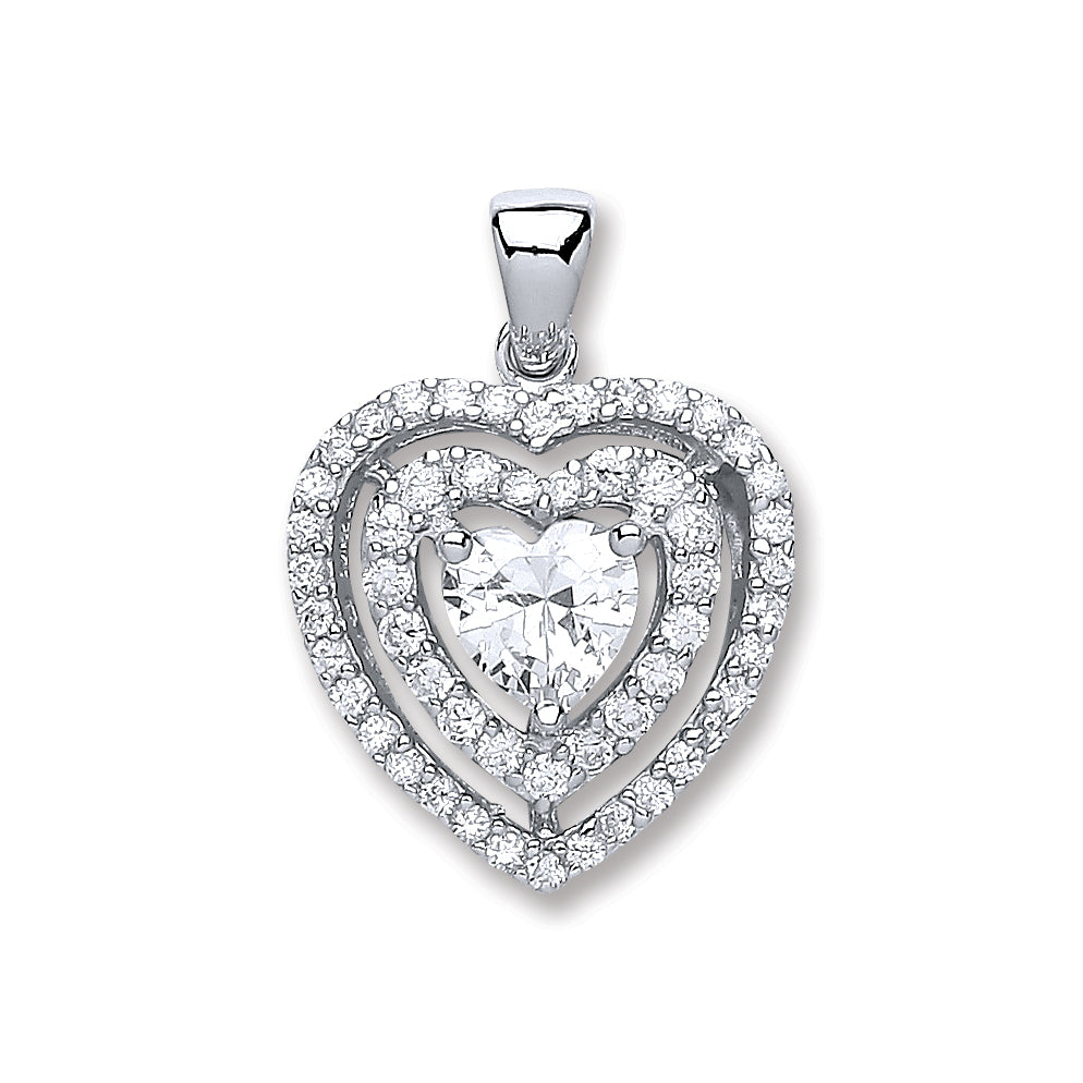 Silver Heart Cubic Zirconia with Two Row of Cubic Zirconia's Pendant