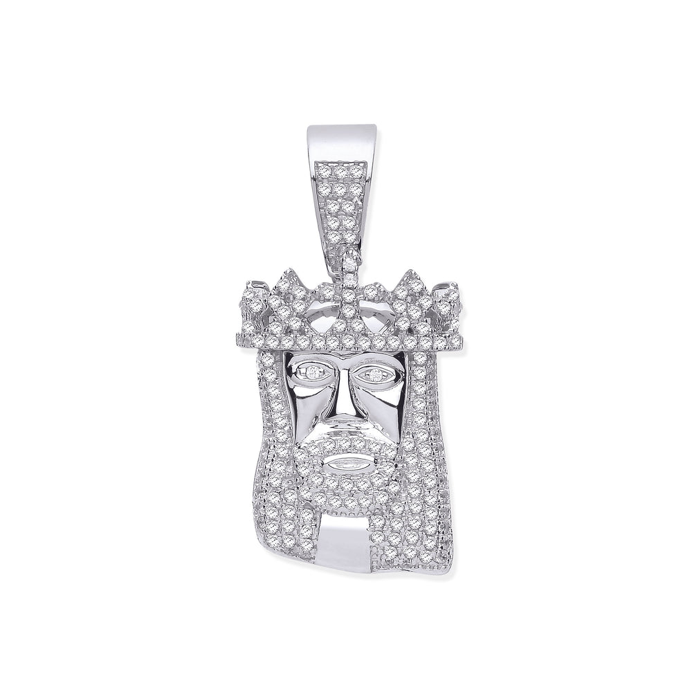 Silver Cubic Zirconia Pendant Jesus with Crown