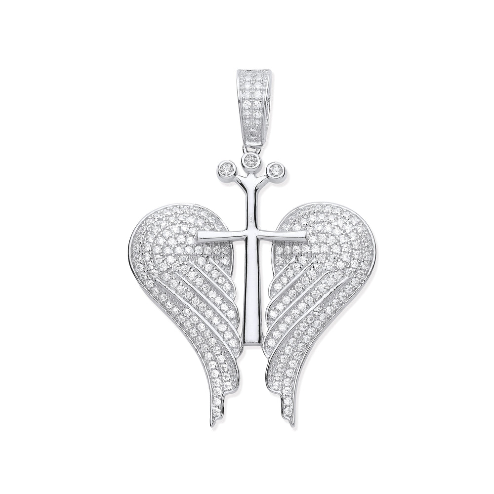 Silver Cubic Zirconia Open Angel Wings with Royal Cross Pendant