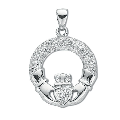 Silver Pave Set Cubic Zirconia Claddagh Drop Pendant