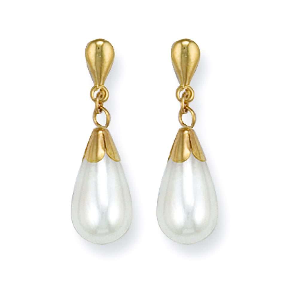 9ct Yellow Gold Simulated Pearl Drop Studs