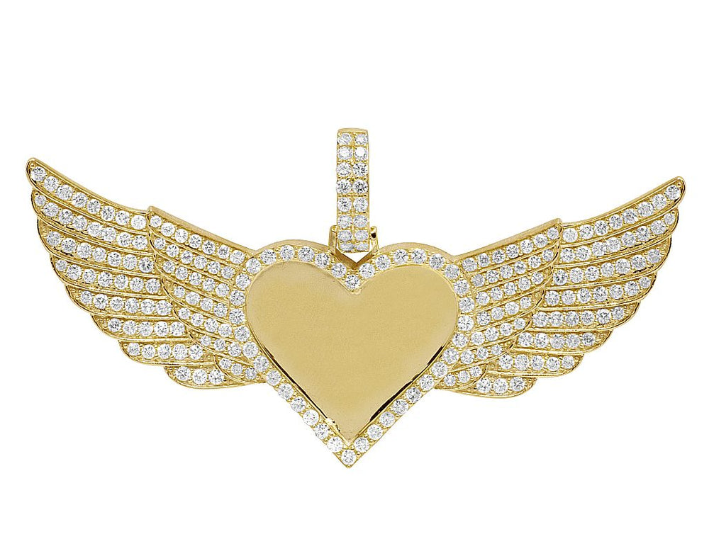 10K Yellow Gold Diamond Heart Photo Engrave Wing Memorial Pendant 3.50Ct.(Picture / Photo Pendants)